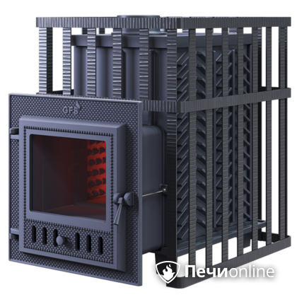 Дровяная банная печь Гефест ЗК в сетке-18 (М) чугунная дверца со стеклом, запатентованная каменка сетка в Бронницах